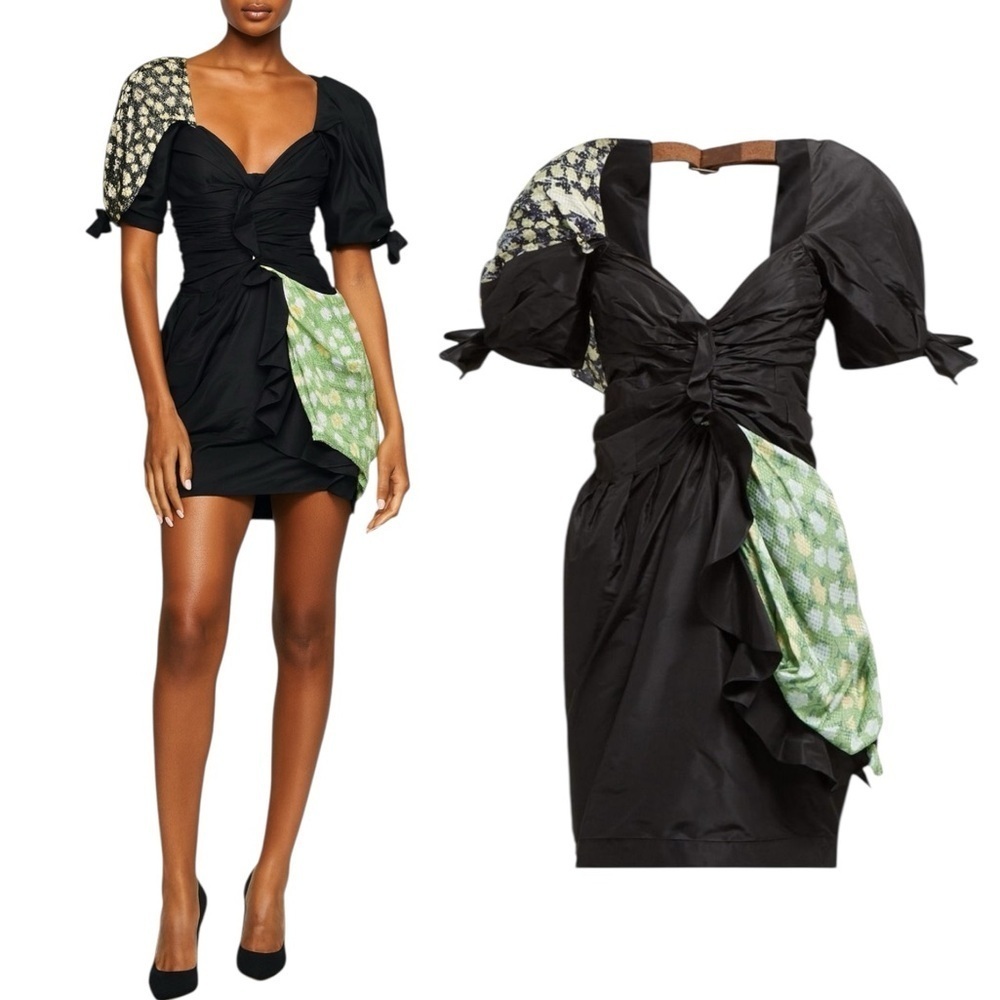 Preen Thornton Bregazzi, Women’s Mini Silk Ruched Puff Sleeve Dress, Black Small